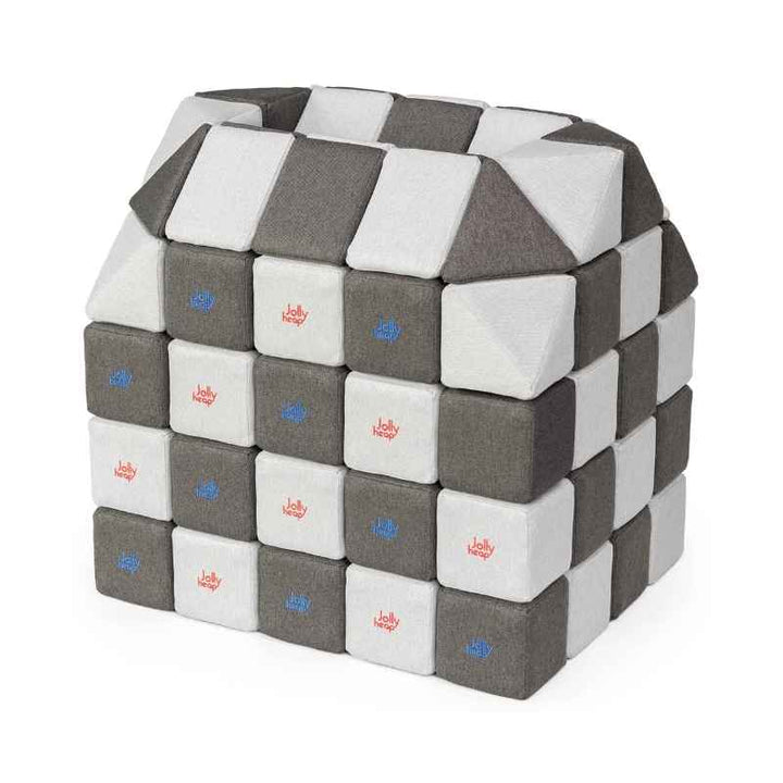 A small structure built with JollyHeap Creative Set soft magnetic blocks in a light grey and dark grey colour combination, one of 36 available colourways