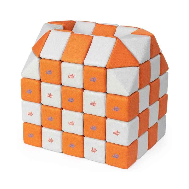 A small structure built with JollyHeap Creative Set soft magnetic blocks in a light grey and orange colour combination