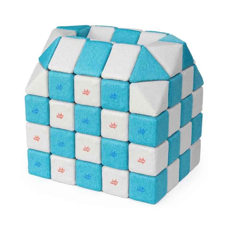 A small structure built with JollyHeap Creative Set soft magnetic blocks in a light grey and turquoise colour combination, one of 36 available colourways