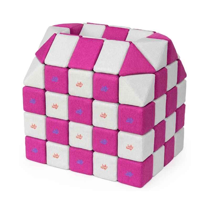 A small structure built with JollyHeap Creative Set soft magnetic blocks in a light grey and violet colour combination, one of 36 available colourways