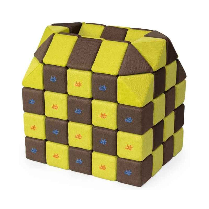 A small structure built with JollyHeap Creative Set soft magnetic blocks in a lime green and dark brown colour combination