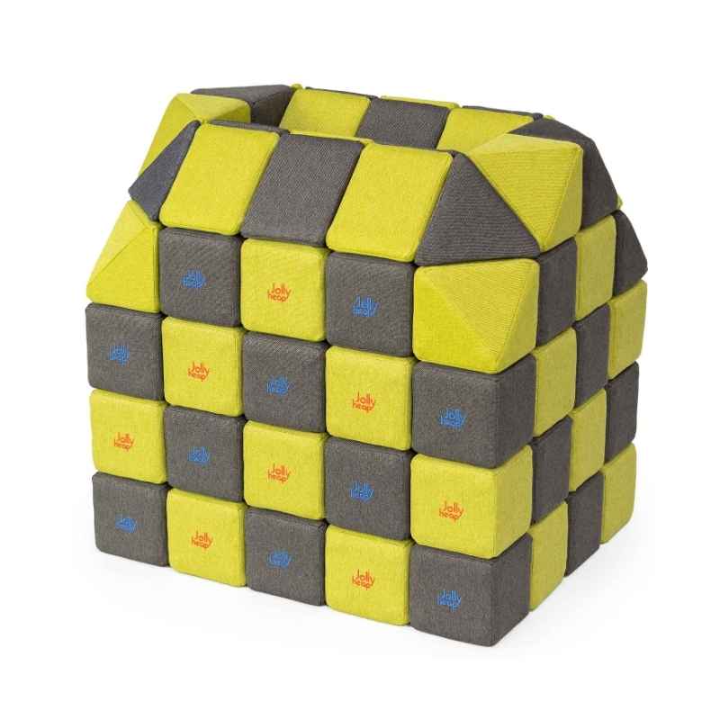 A small structure built with JollyHeap Creative Set soft magnetic blocks in a lime green and dark grey colour combination