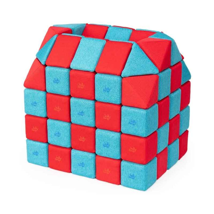 A small structure built with JollyHeap Creative Set soft magnetic blocks in a red and tturquoise colour combination