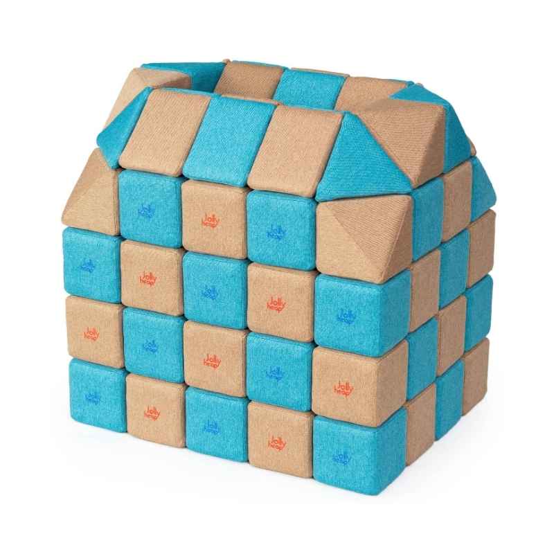 A small structure built with JollyHeap Creative Set soft magnetic blocks in a  turquoise and light brown colour combination
