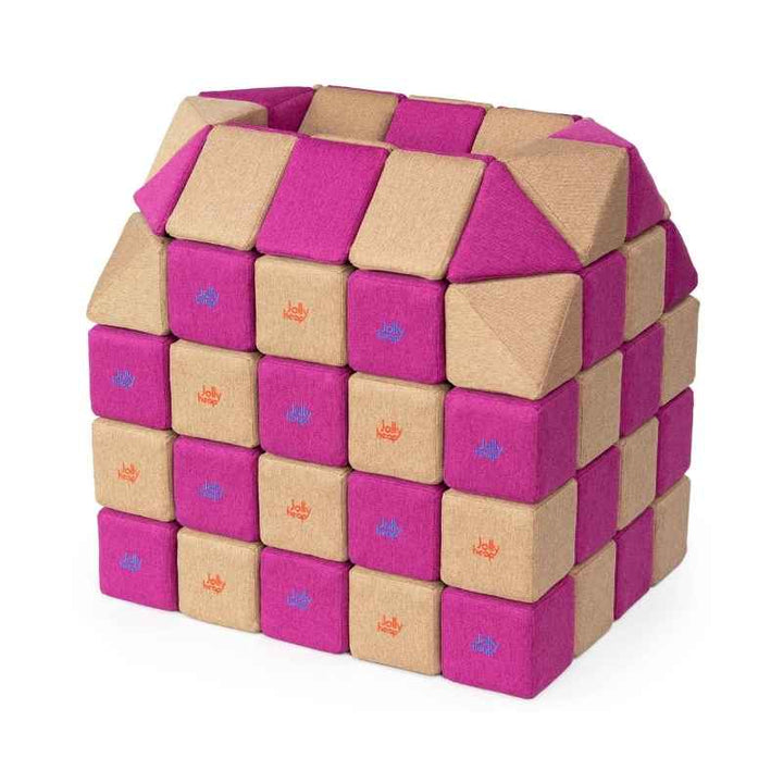 A small structure built with JollyHeap Creative Set soft magnetic blocks in a violet and light brown colour combination
