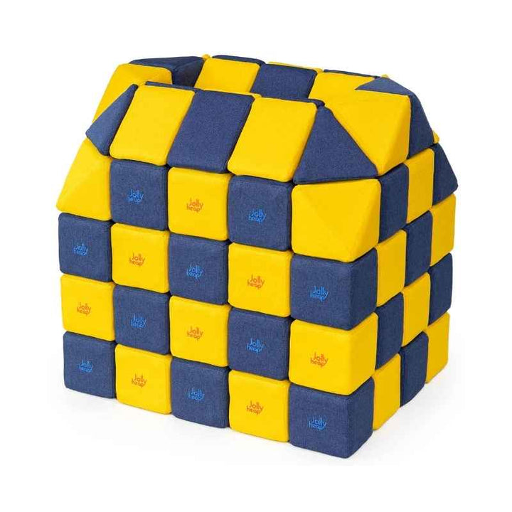 A small structure built with JollyHeap Creative Set soft magnetic blocks in a yellow and blue colour combination