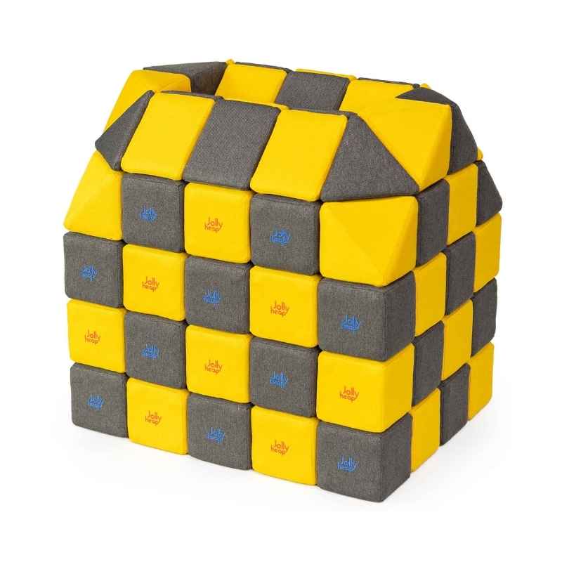 A small structure built with JollyHeap Creative Set soft magnetic blocks in a yellow and dark grey colour combination