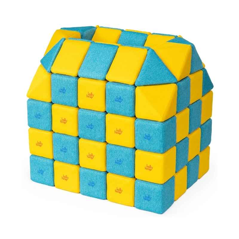 A small structure built with JollyHeap Creative Set soft magnetic blocks in a yellow and turquoise colour combination