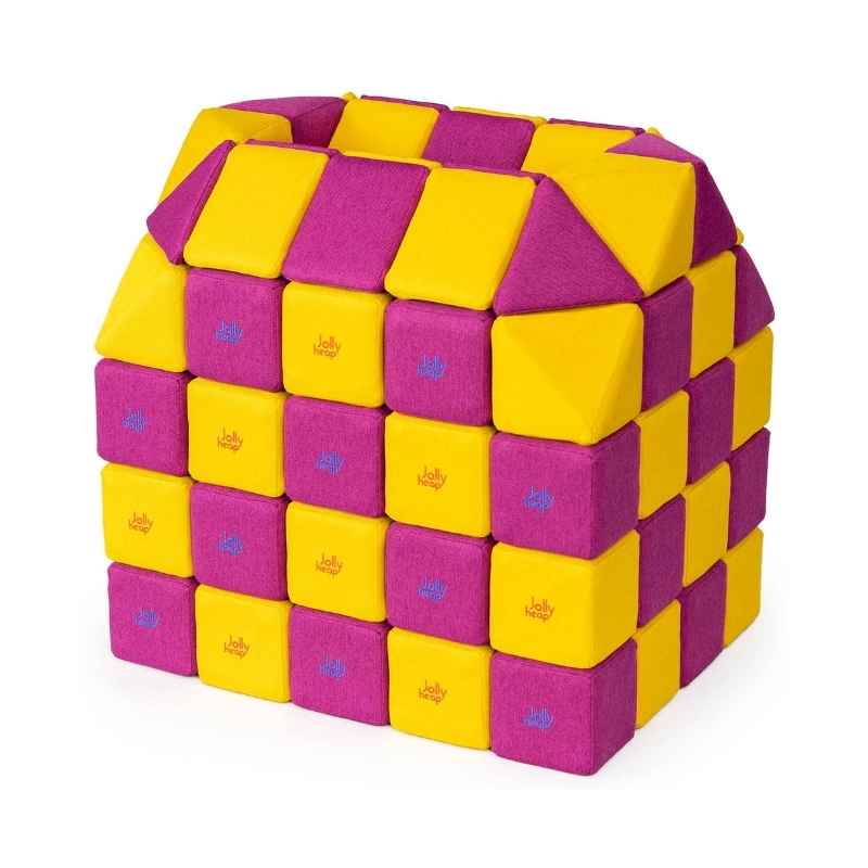A small structure built with JollyHeap Creative Set soft magnetic blocks in a yellow and violet colour combination