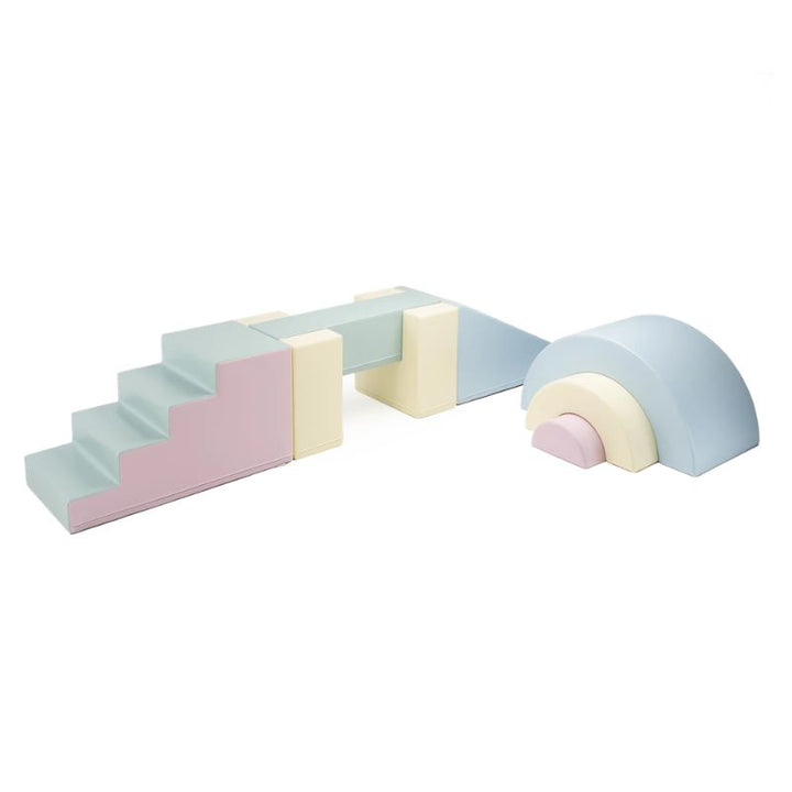 IGLU Balance Gym soft play balance beam set in Light Pastel with stairs, bridge, ramp and rainbow arch pieces