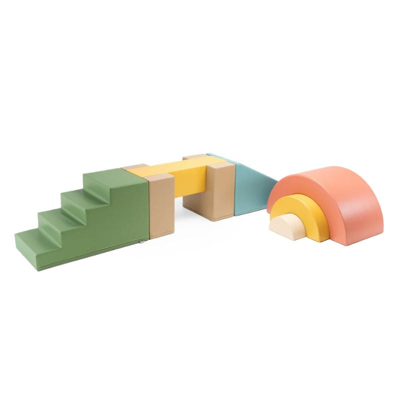 IGLU Balance Gym soft play balance beam set in Neutral Pastel with stairs, bridge, ramp and rainbow arch pieces