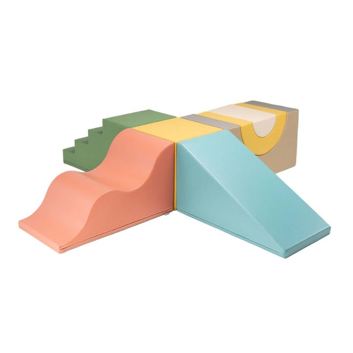 IGLU Adventure Gym soft play gym assembled in the Neutral Pastel colourway with steps, wave slide, cube and rainbow arch