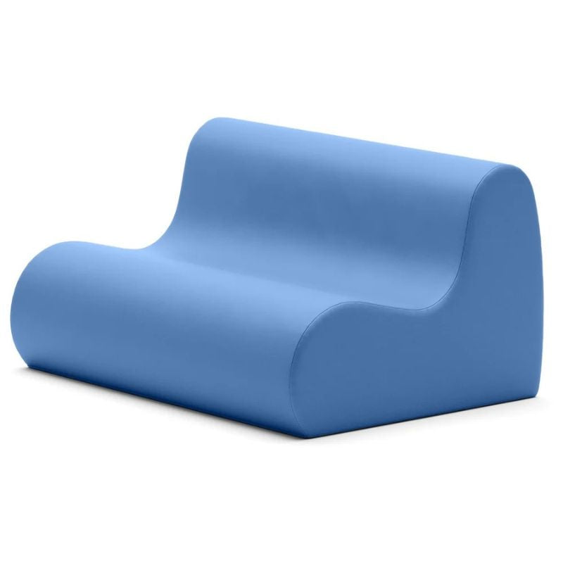 Jaxx Midtown soft seating couch for classrooms in blue vinyl, a wipe clean calm corner loveseat
