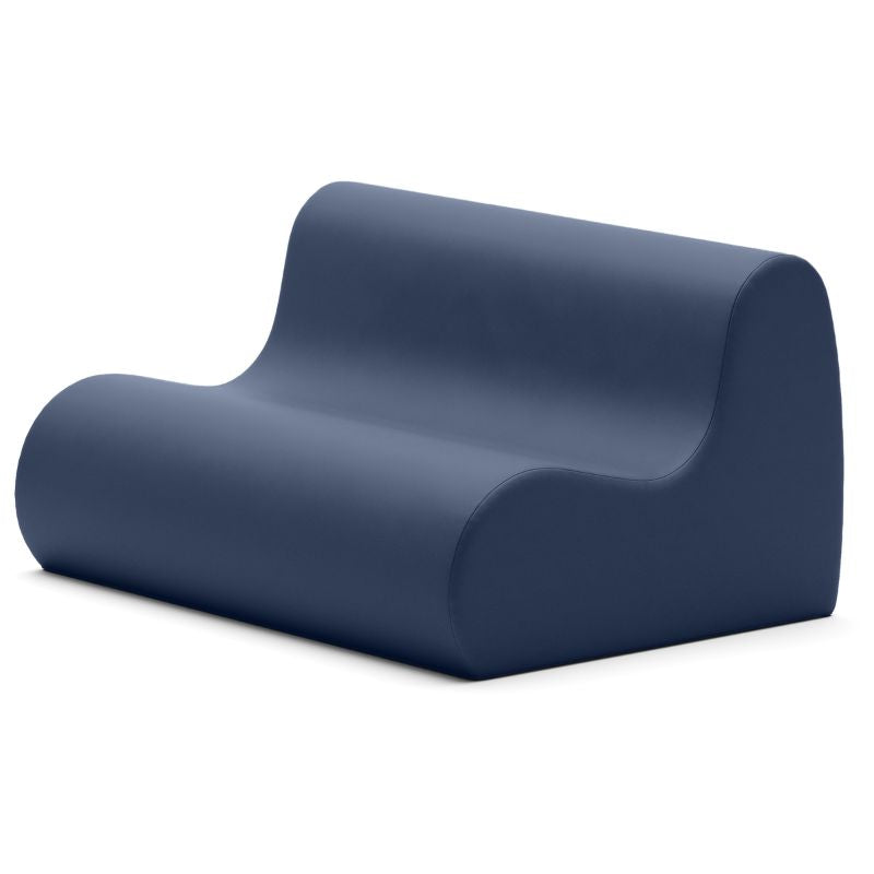 Jaxx Midtown soft seating couch for classrooms in navy blue vinyl, a wipe clean calm corner loveseat