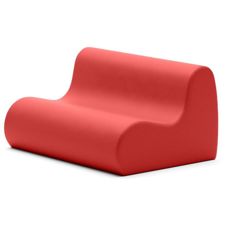 Jaxx Midtown soft seating couch for classrooms in red vinyl, a collaborative calm corner loveseat