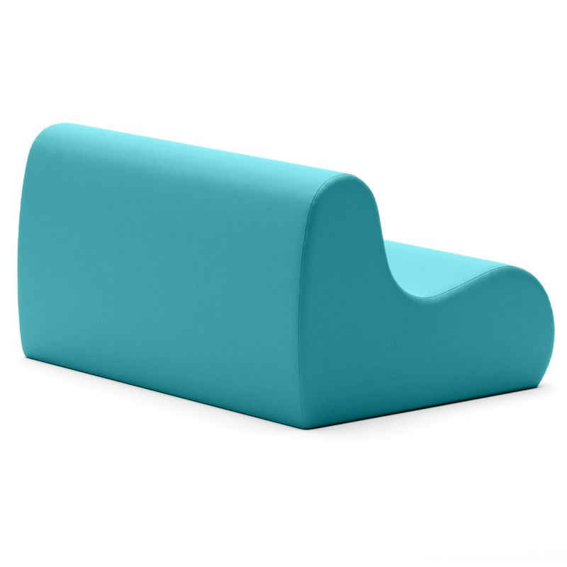 Jaxx Midtown soft seating couch for classrooms in teal vinyl, shown from a second angle