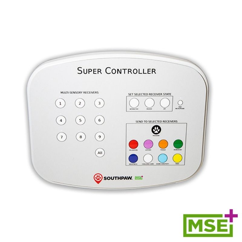 Southpaw MSE+ Super Controller showing dial controls and device interface, used to manage airflow, light intensity, and bubble flow in a multi-sensory environment