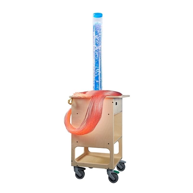 Southpaw Portable Bubble Tube Cart shown in full detail view, a battery-powered mobile sensory cart for occupational therapy and multi-sensory room use