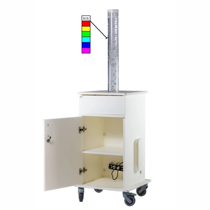 Southpaw Portable Bubble Tube Cart with storage cabinet open, showing interior shelving for therapy tools in a medical-grade mobile sensory cart