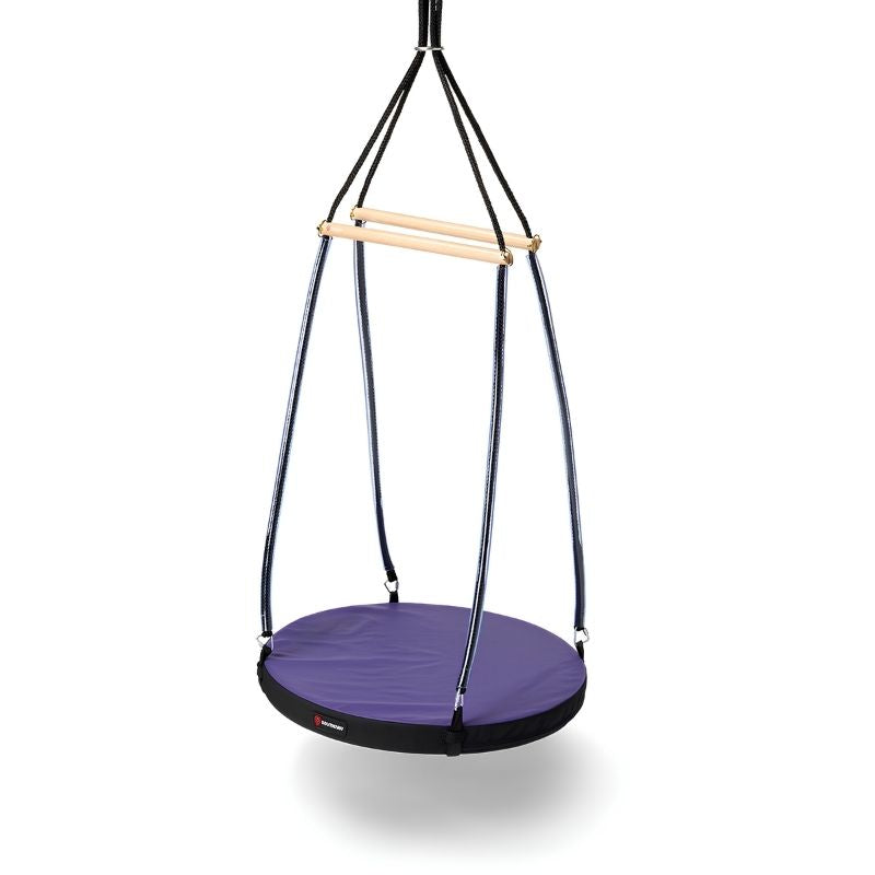 Full view of the Southpaw Soft-Lite Round Platform Swing showing the round padded platform, rope suspension system, and spreader bar hardware for occupational therapy and sensory movement