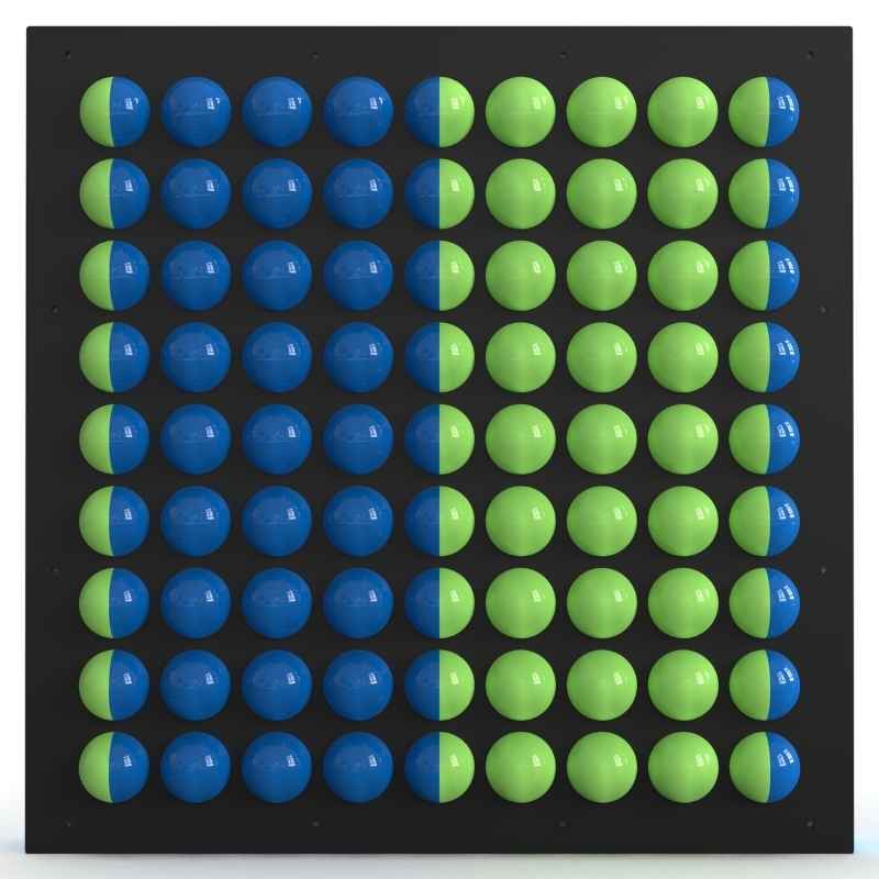 LiteZilla Spinfinity Wall interactive spinning wall panel with blue and green split colour spheres on a black panel
