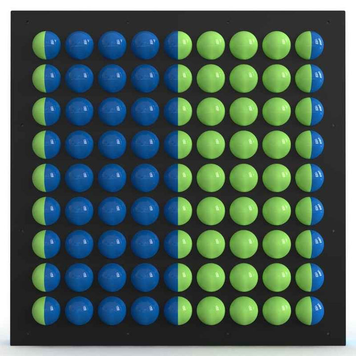 LiteZilla Spinfinity Wall interactive spinning wall panel with blue and green split colour spheres on a black panel