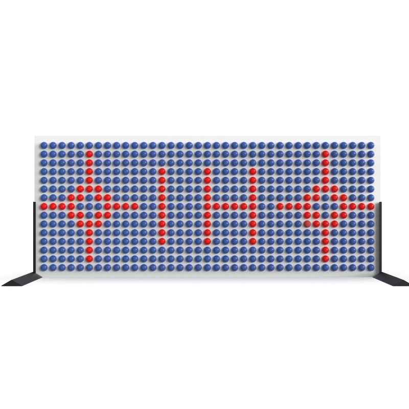 LiteZilla Spinfinity Wall interactive spinning wall panel displaying a repeated custom cross pattern in red on a wide white panel