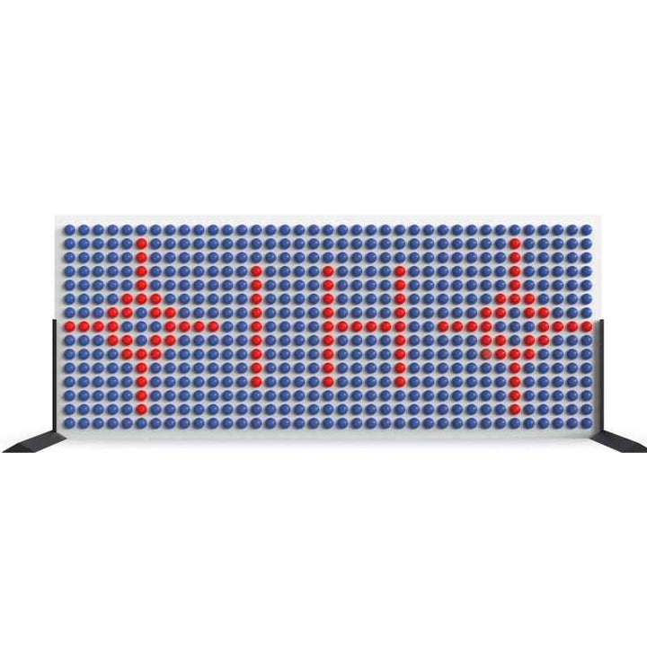 LiteZilla Spinfinity Wall interactive spinning wall panel displaying a repeated custom cross pattern in red on a wide white panel