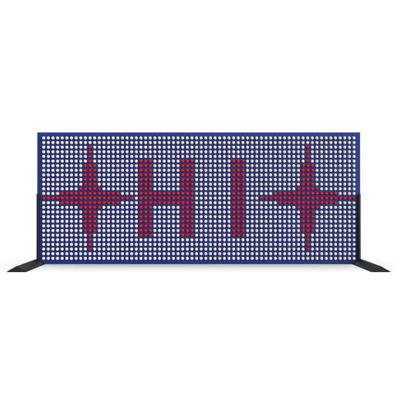 LiteZilla Spinfinity Wall interactive spinning wall panel spelling a custom HI text message with red stars on a navy panel