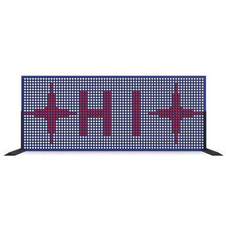 LiteZilla Spinfinity Wall interactive spinning wall panel spelling a custom HI text message with red stars on a navy panel