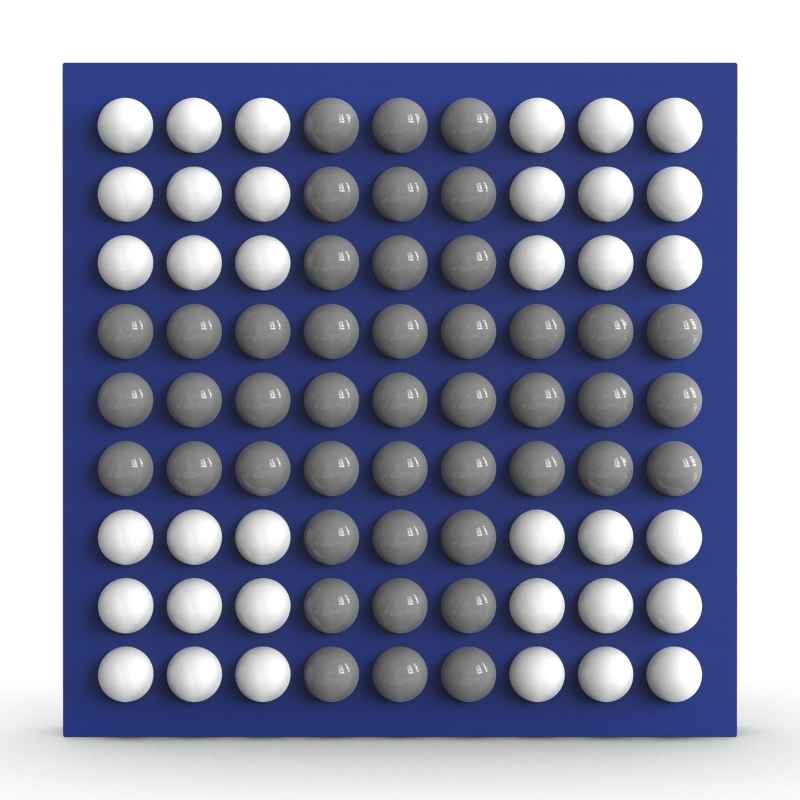 LiteZilla Spinfinity Wall interactive spinning wall panel showing a custom diagonal pattern in white and grey on a blue panel