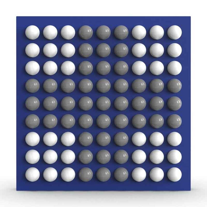 LiteZilla Spinfinity Wall interactive spinning wall panel showing a custom diagonal pattern in white and grey on a blue panel