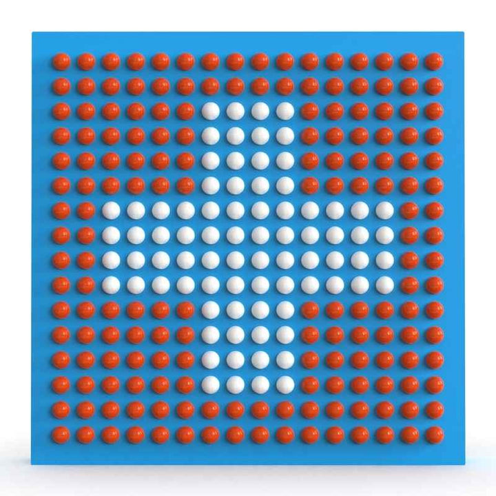 LiteZilla Spinfinity Wall interactive spinning wall panel displaying a custom diamond pattern in orange and white on a blue panel