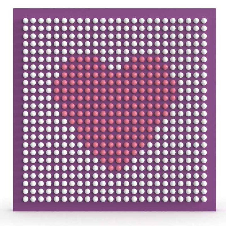 LiteZilla Spinfinity Wall interactive spinning wall panel displaying a custom heart pattern in pink on a dense purple grid