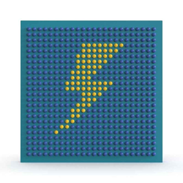 LiteZilla Spinfinity Wall interactive spinning wall panel displaying a custom letter pattern in yellow on a dense teal grid