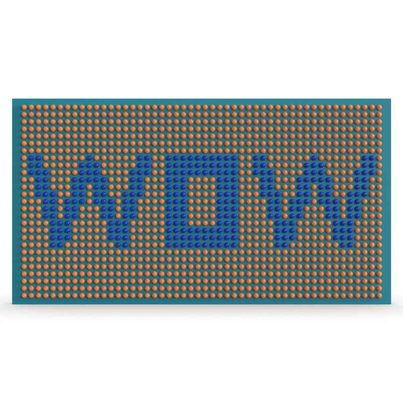 LiteZilla Spinfinity Wall interactive spinning wall panel displaying a custom logo pattern in blue and orange on a teal panel