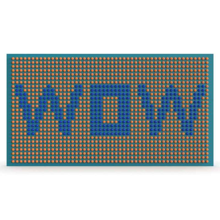 LiteZilla Spinfinity Wall interactive spinning wall panel displaying a custom logo pattern in blue and orange on a teal panel
