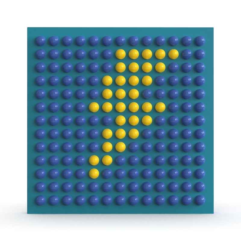LiteZilla Spinfinity Wall interactive spinning wall panel displaying a custom number pattern in yellow on a teal panel