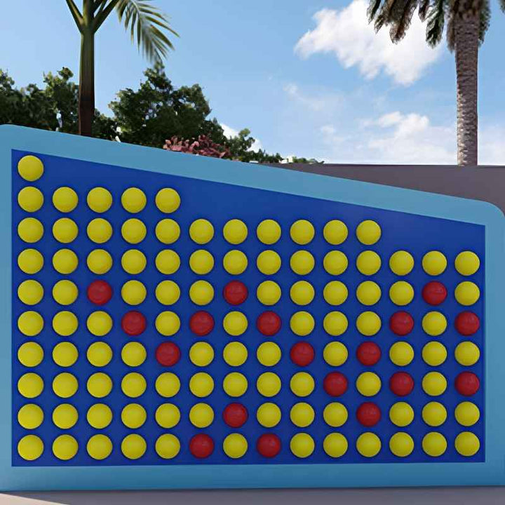LiteZilla Spinfinity Wall interactive spinning wall panel rendered outdoors with palm trees, showing the outdoor-rated wall panel option