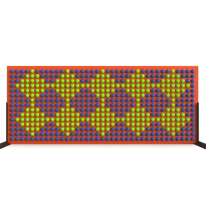 LiteZilla Spinfinity Wall interactive spinning wall panel displaying a custom blue and green pattern on a wide orange panel