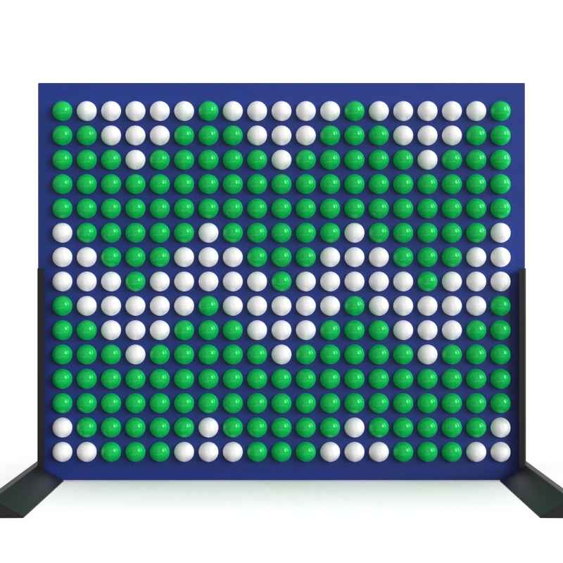 Front view of the LiteZilla Spinfinity Wall interactive spinning wall panel displaying a custom green and white pattern on a navy panel