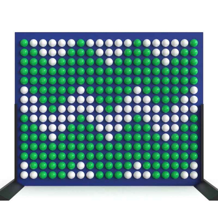 Front view of the LiteZilla Spinfinity Wall interactive spinning wall panel displaying a custom green and white pattern on a navy panel