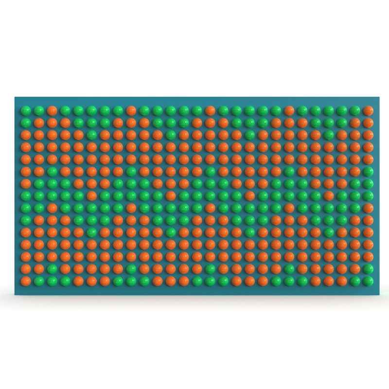 LiteZilla Spinfinity Wall interactive spinning wall panel displaying a custom green and orange pattern on a wide teal panel