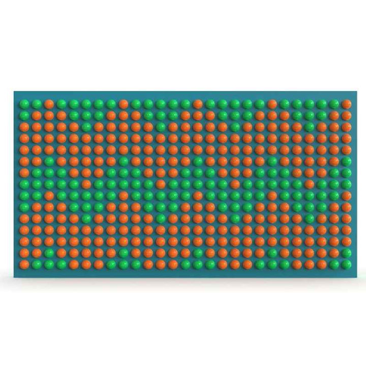 LiteZilla Spinfinity Wall interactive spinning wall panel displaying a custom green and orange pattern on a wide teal panel