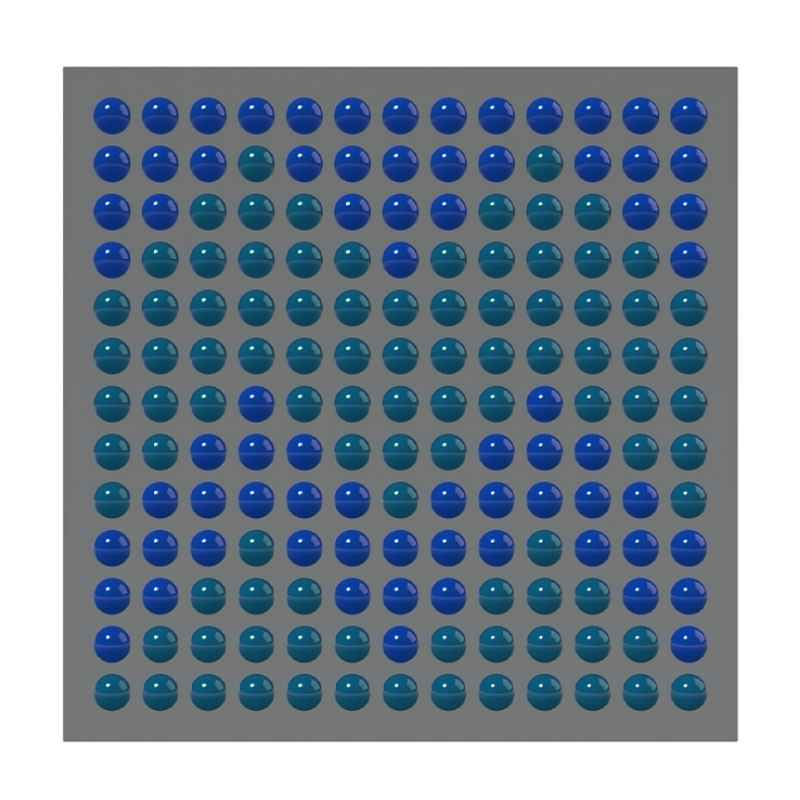 LiteZilla Spinfinity Wall interactive spinning wall panel rendered in blue and teal sphere tones creating a sensory wall panel pattern