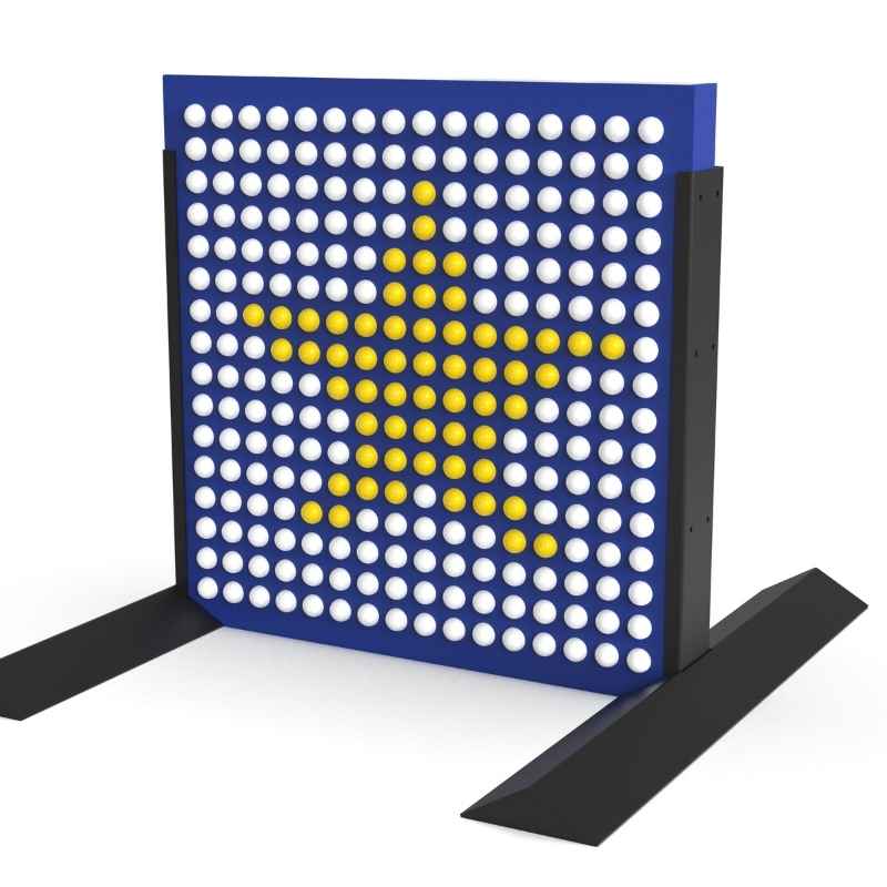 LiteZilla Spinfinity Wall interactive spinning wall panel displaying a custom star pattern in yellow on a freestanding blue panel