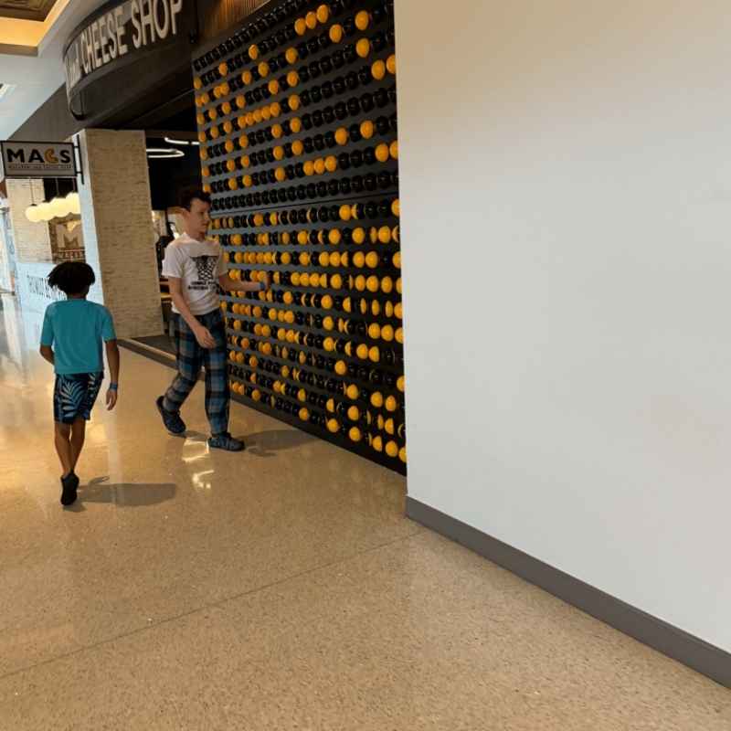 LiteZilla Spinfinity Wall interactive spinning wall panel installed near a storefront with children walking past the sphere pattern