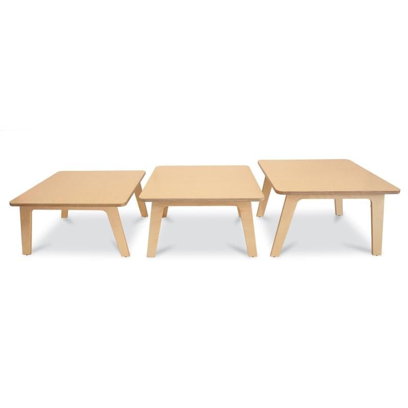 Whitney Brothers Whitney Plus Square Activity Table shown side by side in 18, 20 and 22 inch heights, a birch plywood kids table for every age group