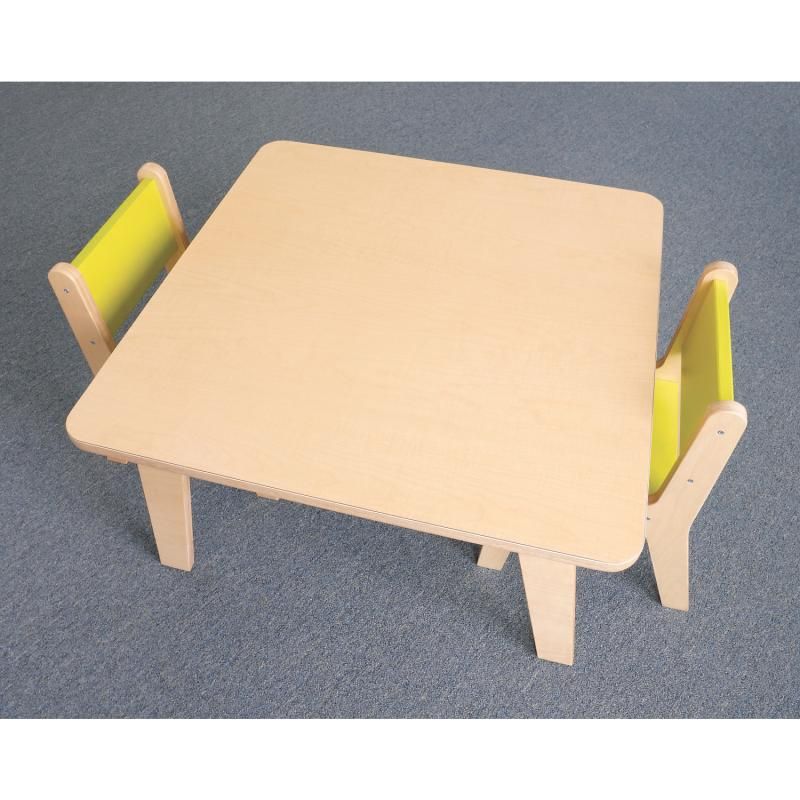 Overhead view of the Whitney Brothers Whitney Plus Square Activity Table 18H with a maple laminate top, shown with two yellow preschool chairs