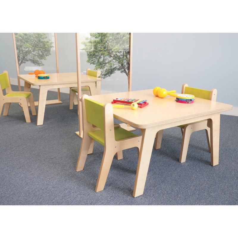 Whitney Brothers Whitney Plus Square Activity Table 20H in a classroom with green chairs and musical instruments for group sensory play